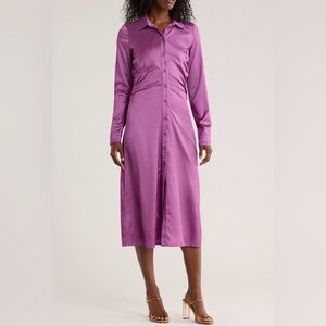 Jacque the Label Sylvie Satin Button Midi Shirt  Dress Ruched Purple Plum M NWT